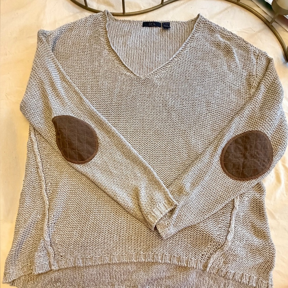 RDI Beige Open-Knit V-Neck Pullover Sweater Brown Elbow Patches XL Regular